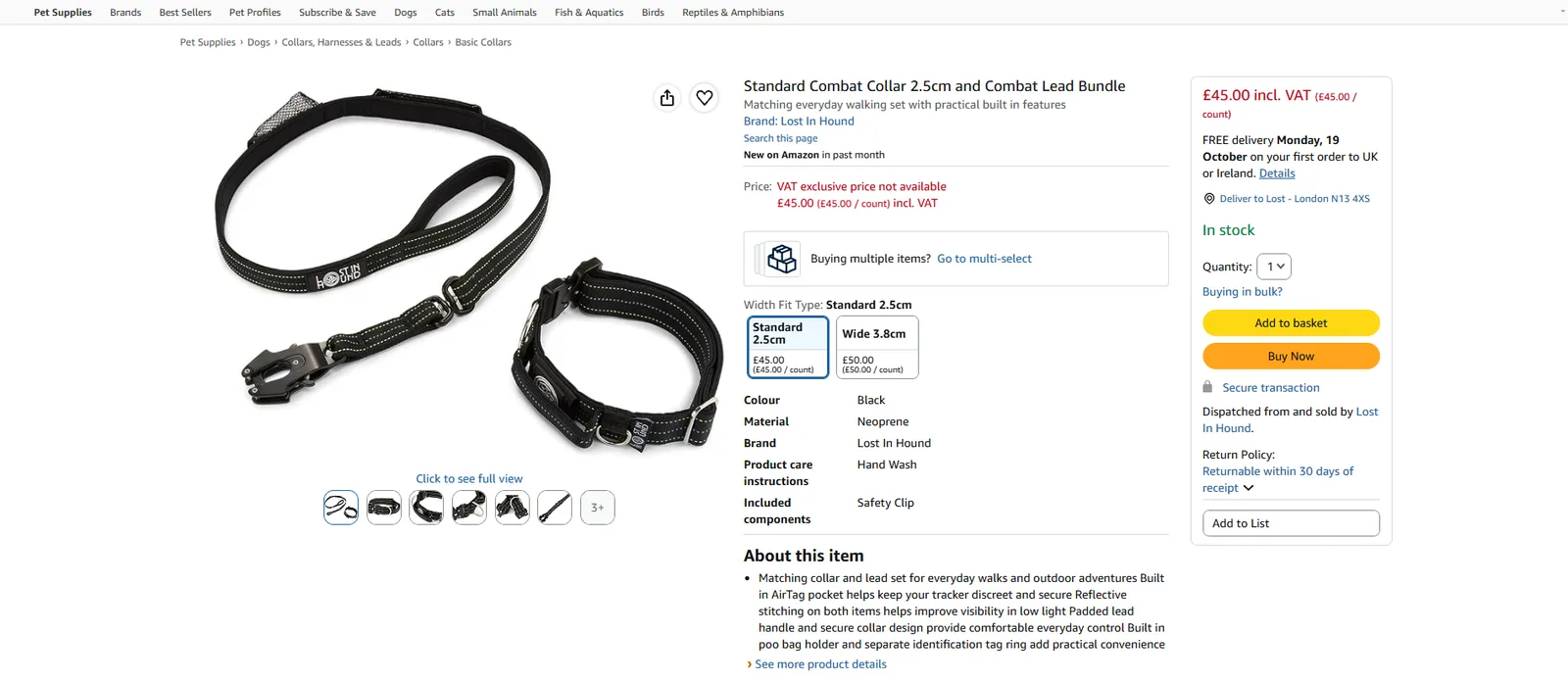 The Lost In Hound collar and lead bundle listed on Amazon