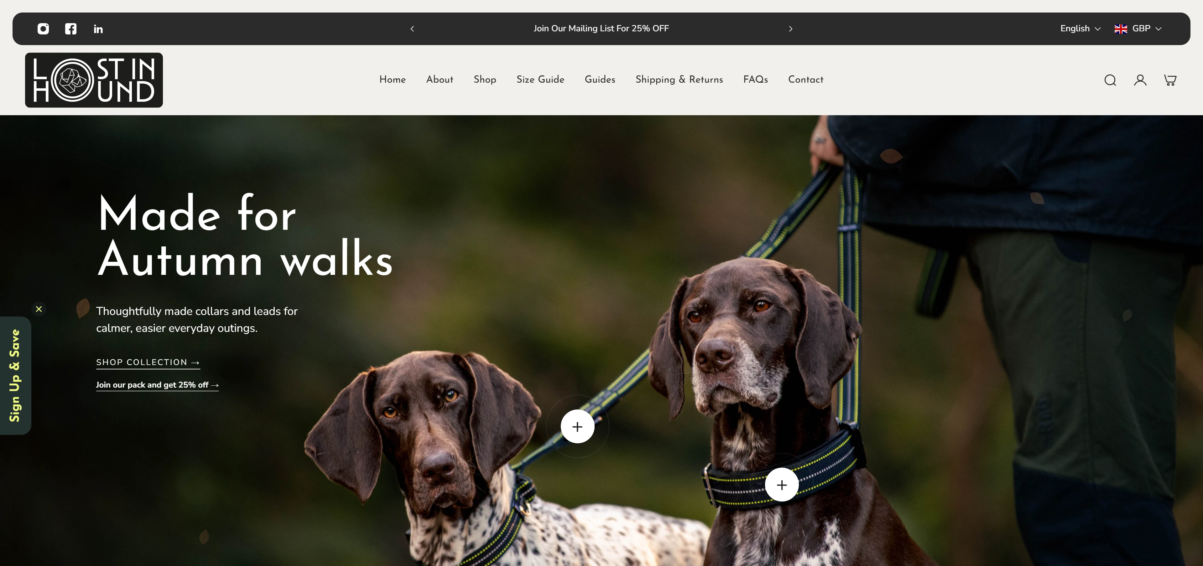 The Lost In Hound homepage, with two dogs wearing reflective collars and leads